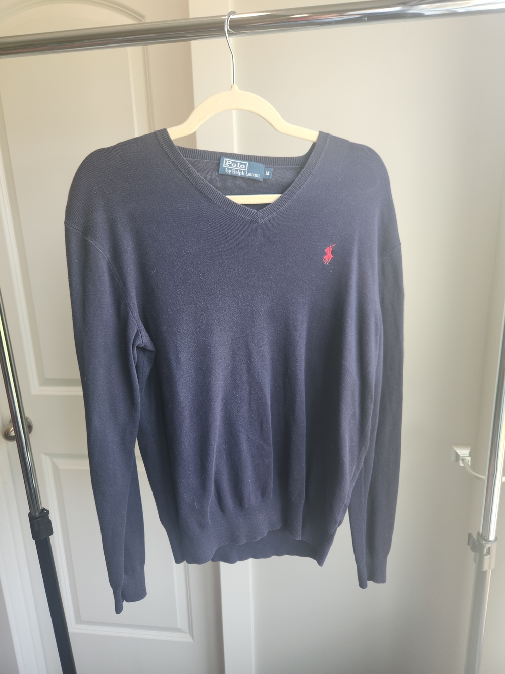 Polo by Ralph Lauren Men's Navy V-Neck Sweater with Red Pony
